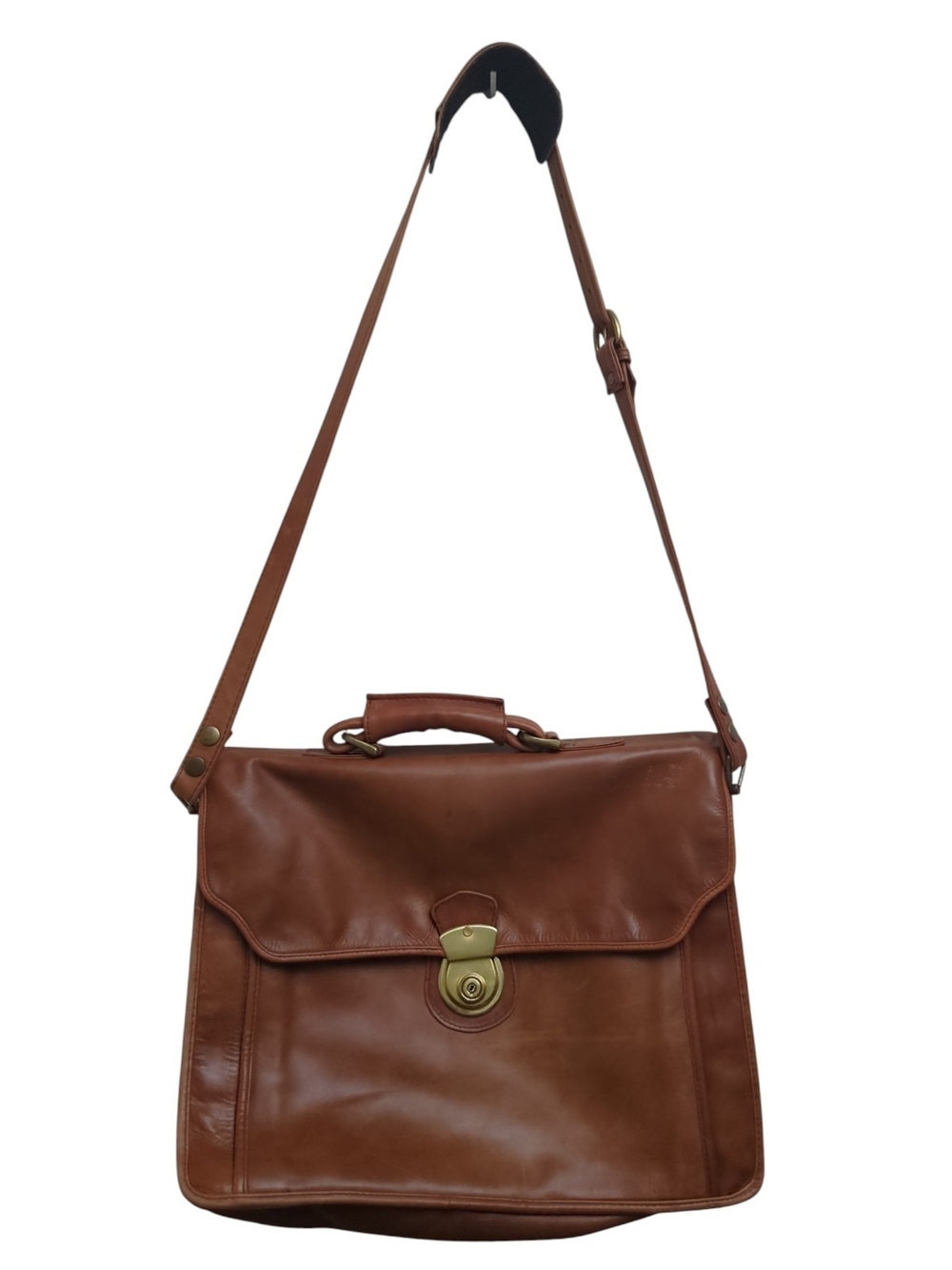 Tanner West Vintage Cognac Leather Briefcase Shoulder Strap Satchel Flap Over